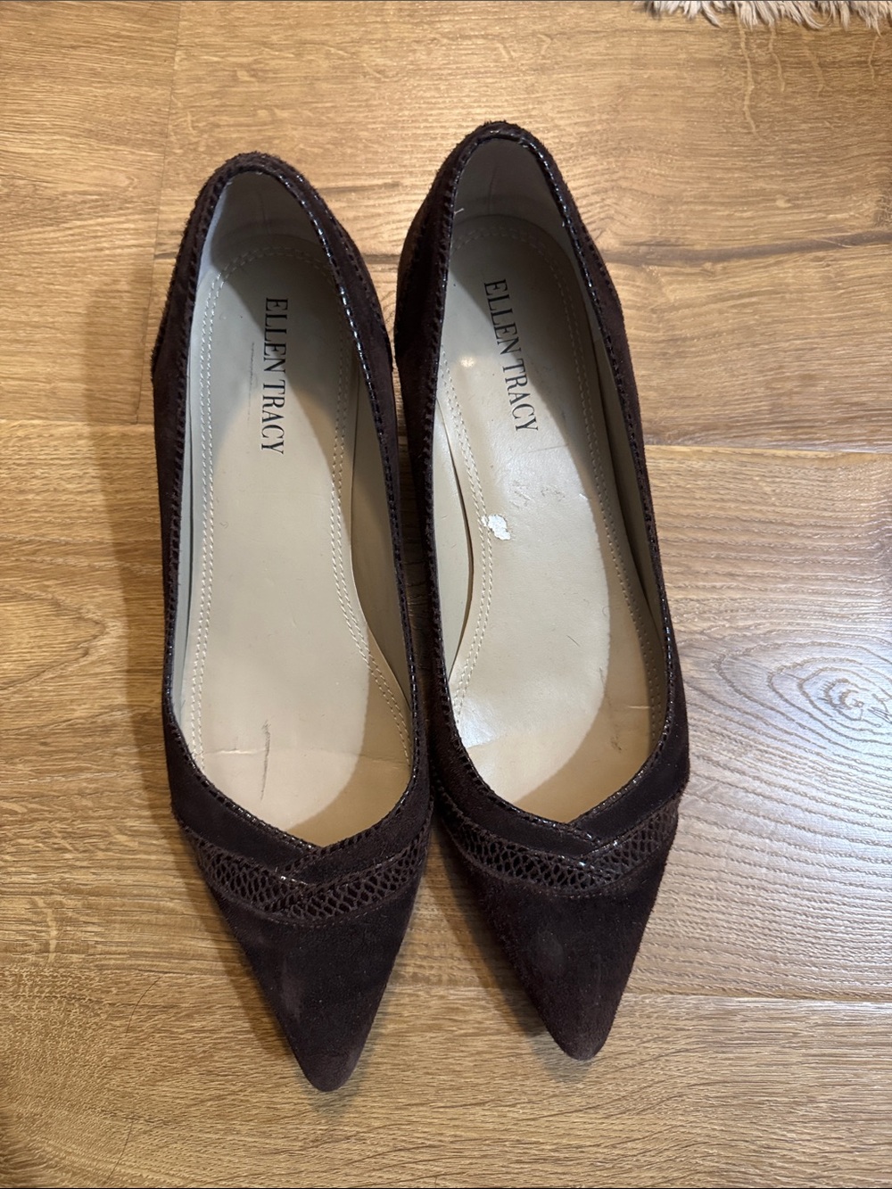 Ellen Tracy Dark Brown Suede Pointed-Toe Flats